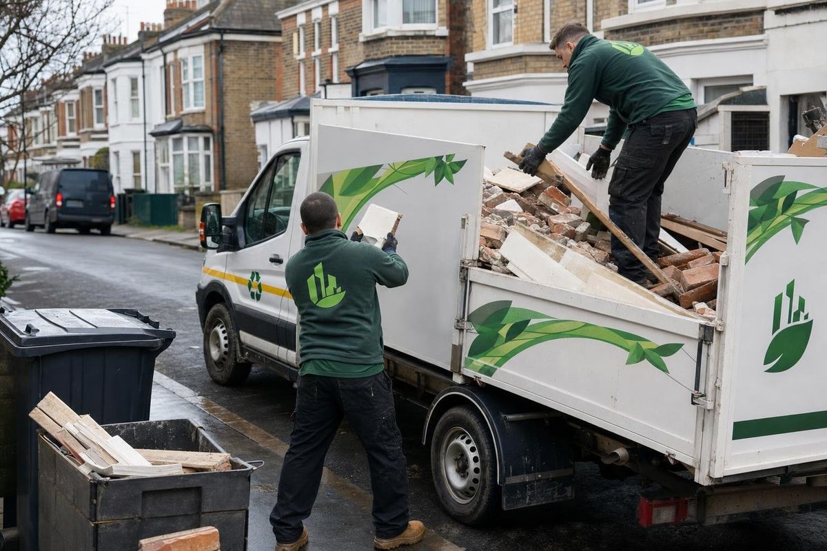 Any London Waste crew in green uniform loading builders waste into a branded tipper lorry on a London street
