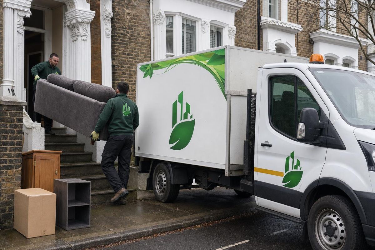 Any London Waste crew carrying a sofa down the steps of a Victorian terrace to a branded lorry