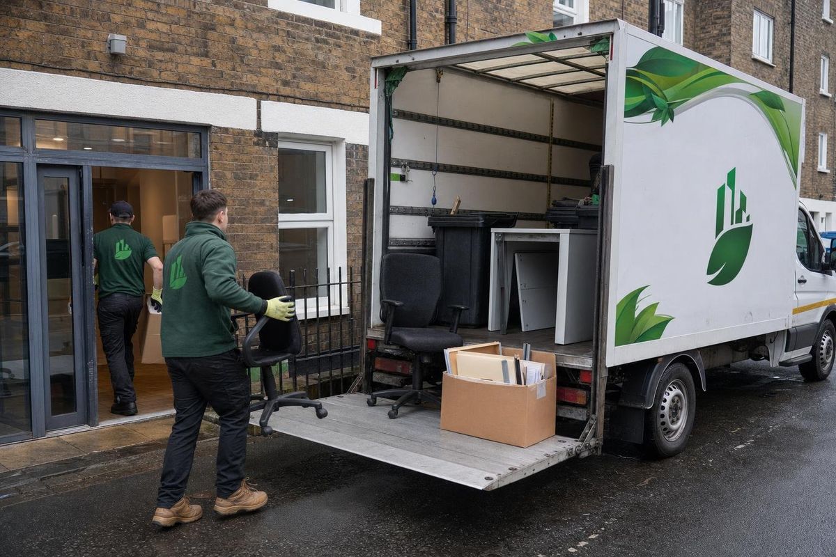 Any London Waste crew loading office chairs, desks and paperwork into a branded box lorry outside a London office