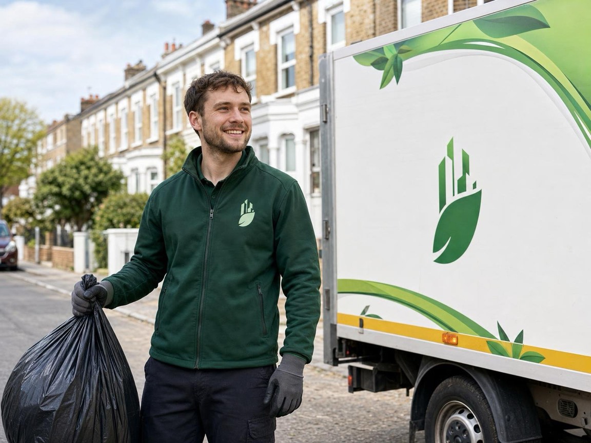 Any London Waste crew member in the green company uniform beside one of our branded lorries on a London street