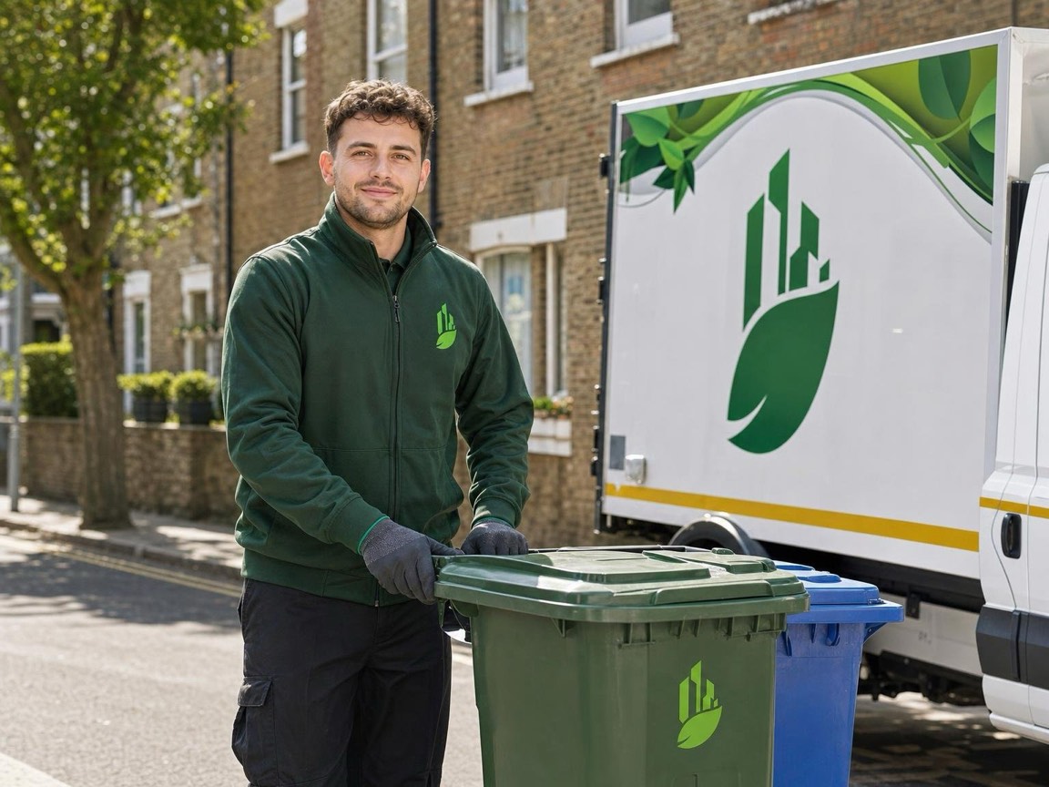 Waste operative in hi-vis moving commercial wheelie bins in a London bin store