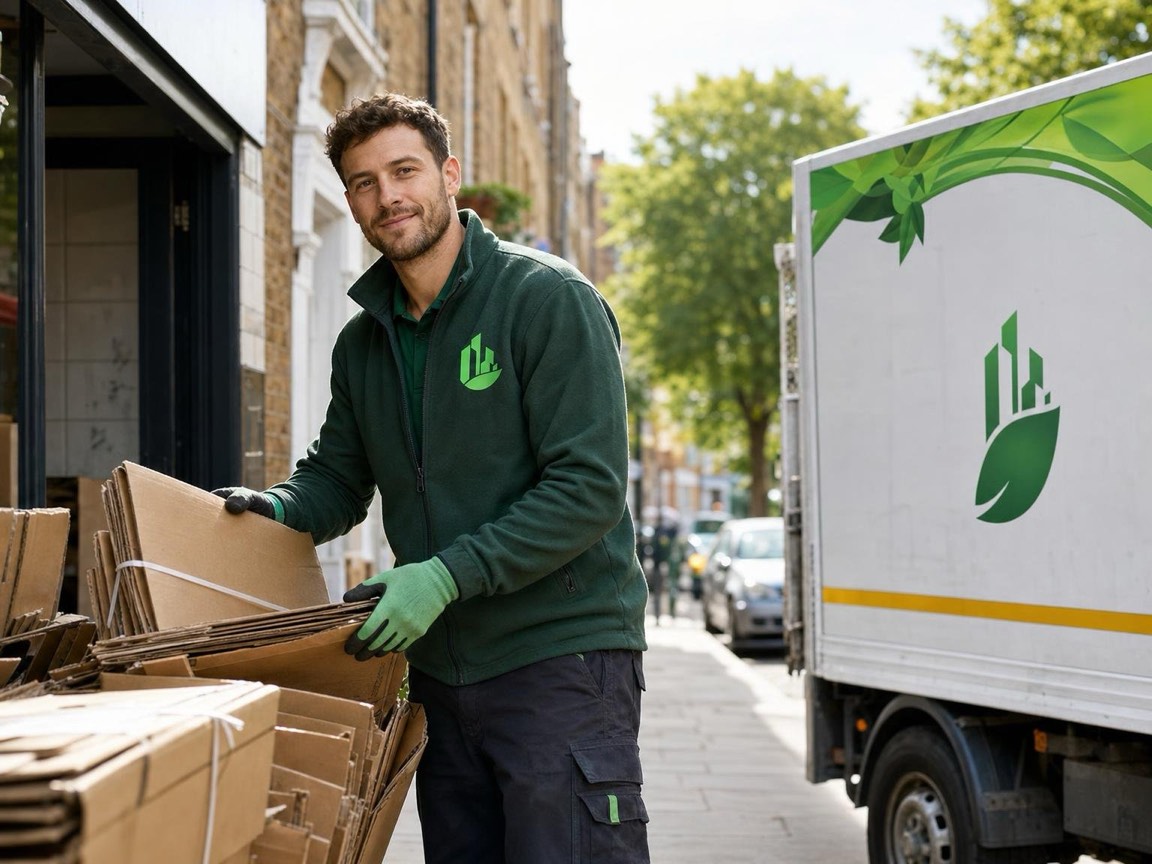 Flattened cardboard being loaded from behind a London shop into a collection van