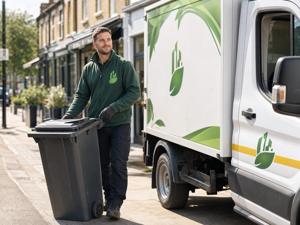 Wheelie bins outside a London shop being collected