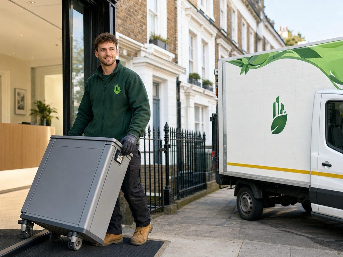 Sealed confidential waste sacks being loaded from a London office