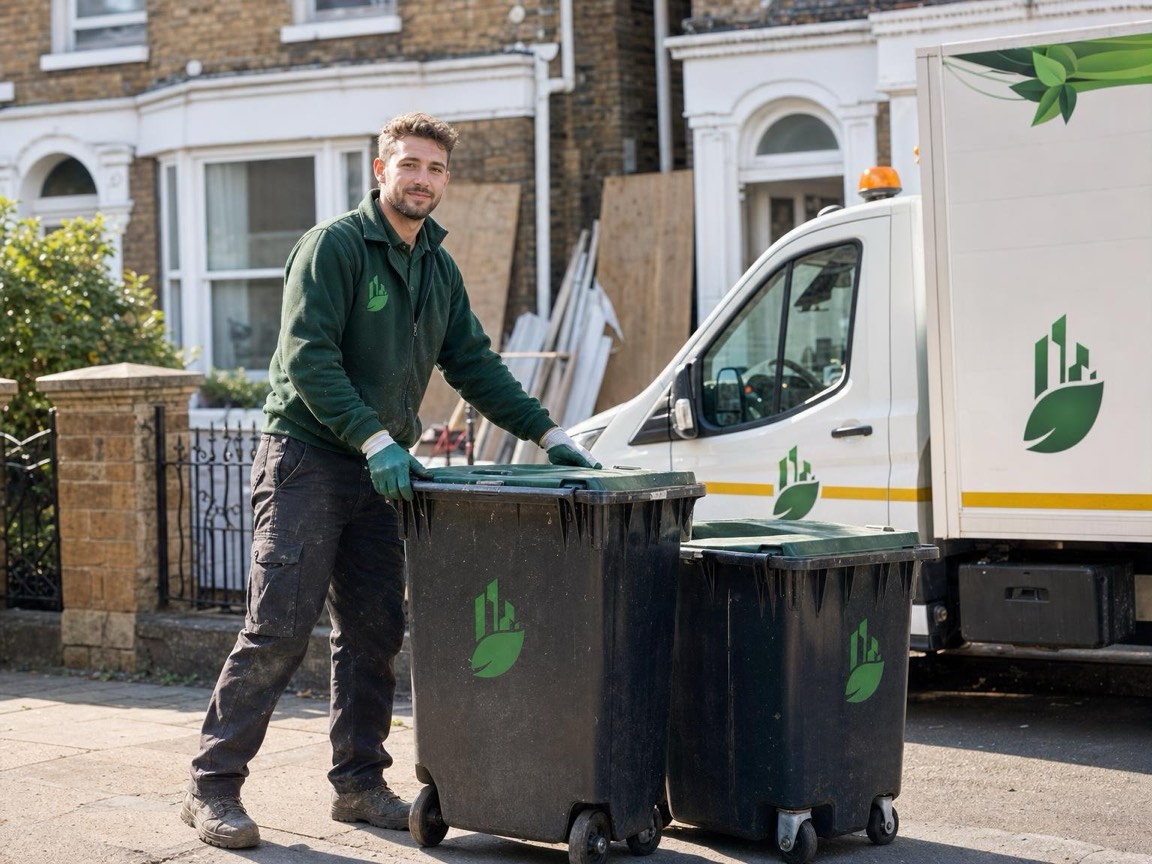 Operative loading a lidded construction waste bin on a London site