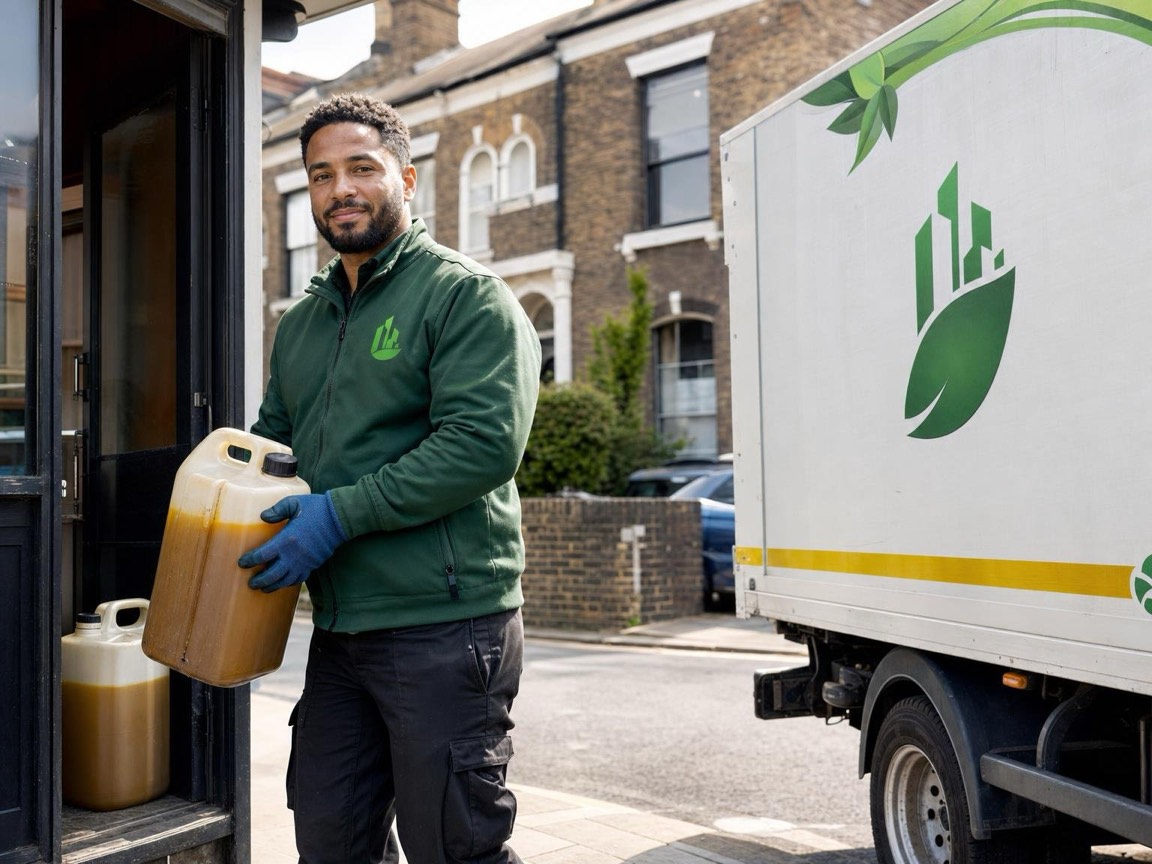 Sealed oil containers at a London takeaway rear entrance being lifted onto a sack lorry