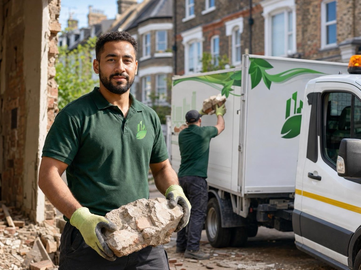 Grab lorry loading demolition rubble from a part-demolished London building