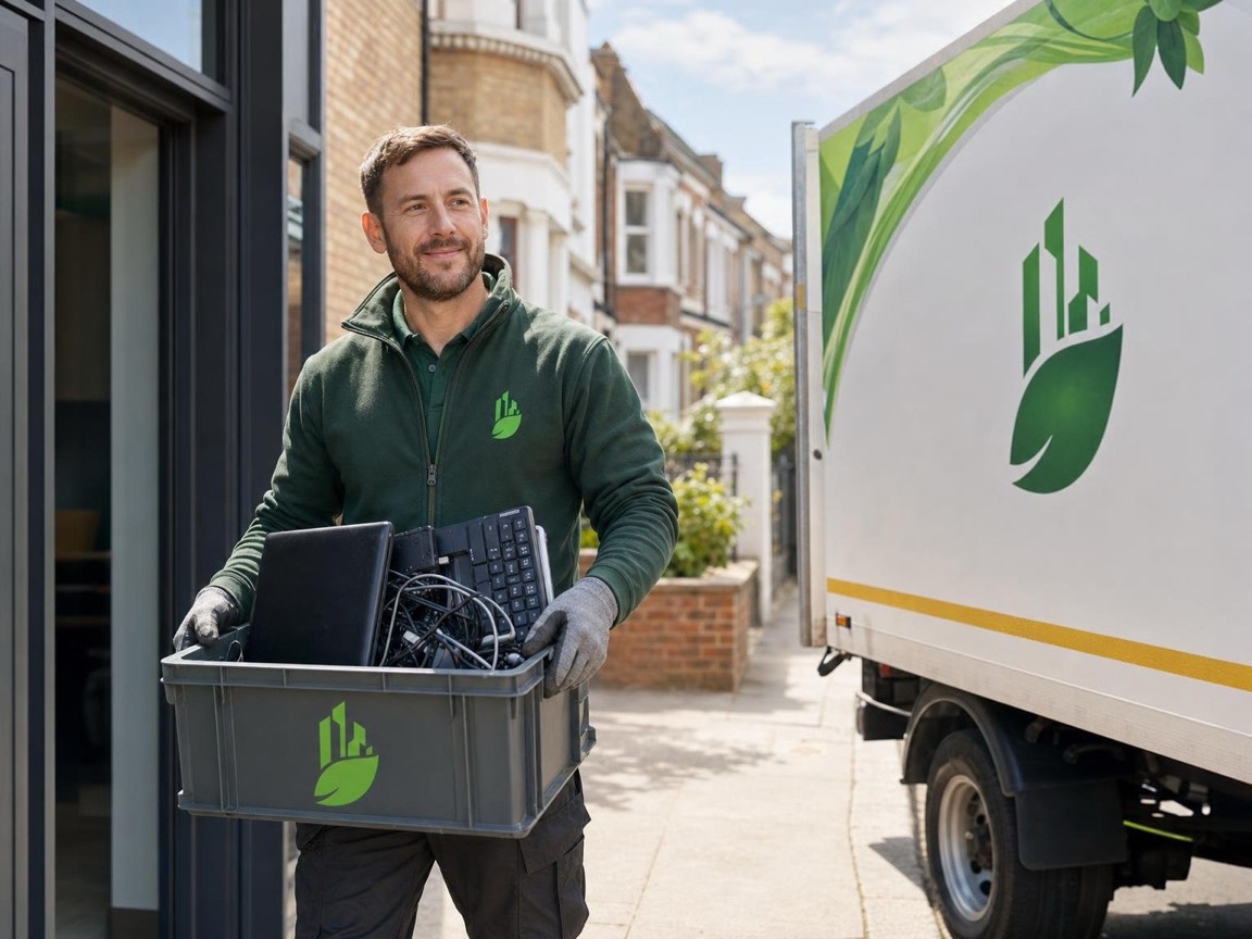 Crew member stacking old printers and computers for WEEE recycling in London