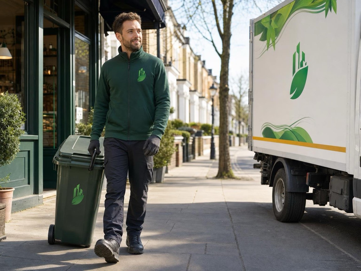 Green food-waste bins at a London restaurant back door at dawn, being wheeled to a collection lorry
