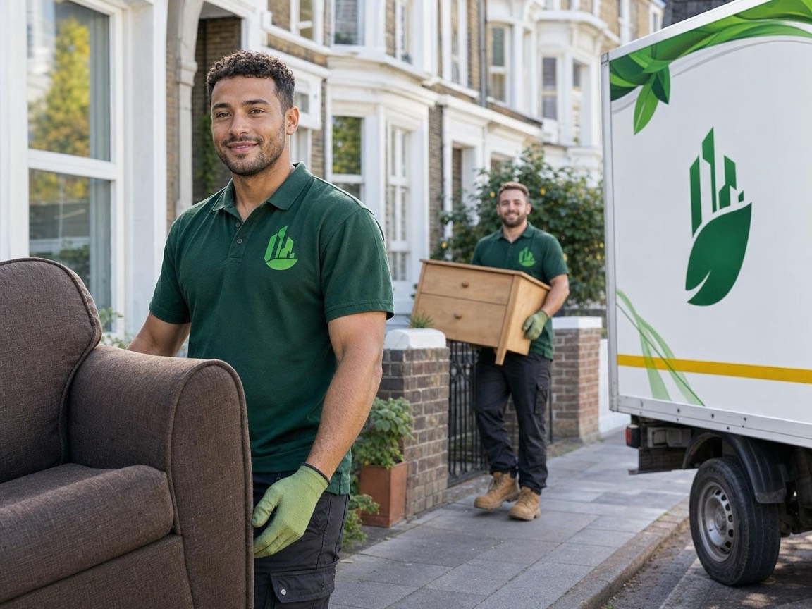 Two movers carrying a sofa out of a Victorian terraced house in London