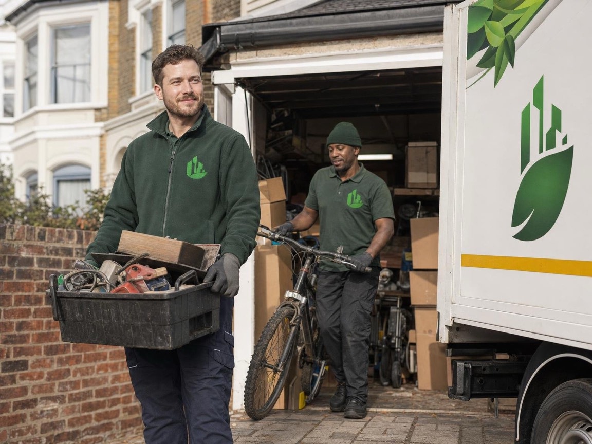 A cluttered London garage being cleared into a van