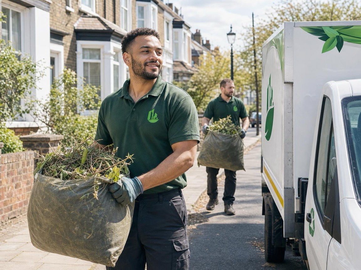 Worker lifting sacks of garden waste and cut branches into a van on a London residential street