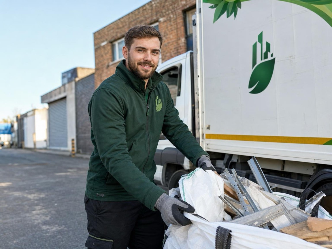 Forklift loading industrial waste into a lorry at a London industrial estate