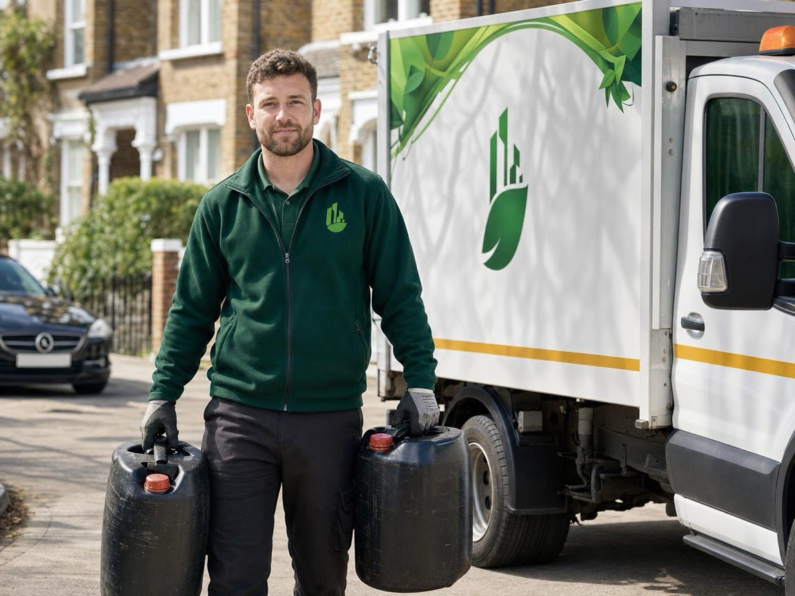 Worker wheeling a 205-litre drum of waste oil from a London garage forecourt to a collection lorry