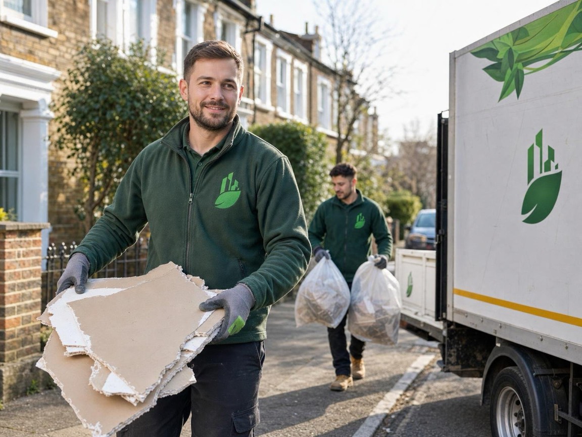 Crew member carrying plasterboard sheets to a van on a London street