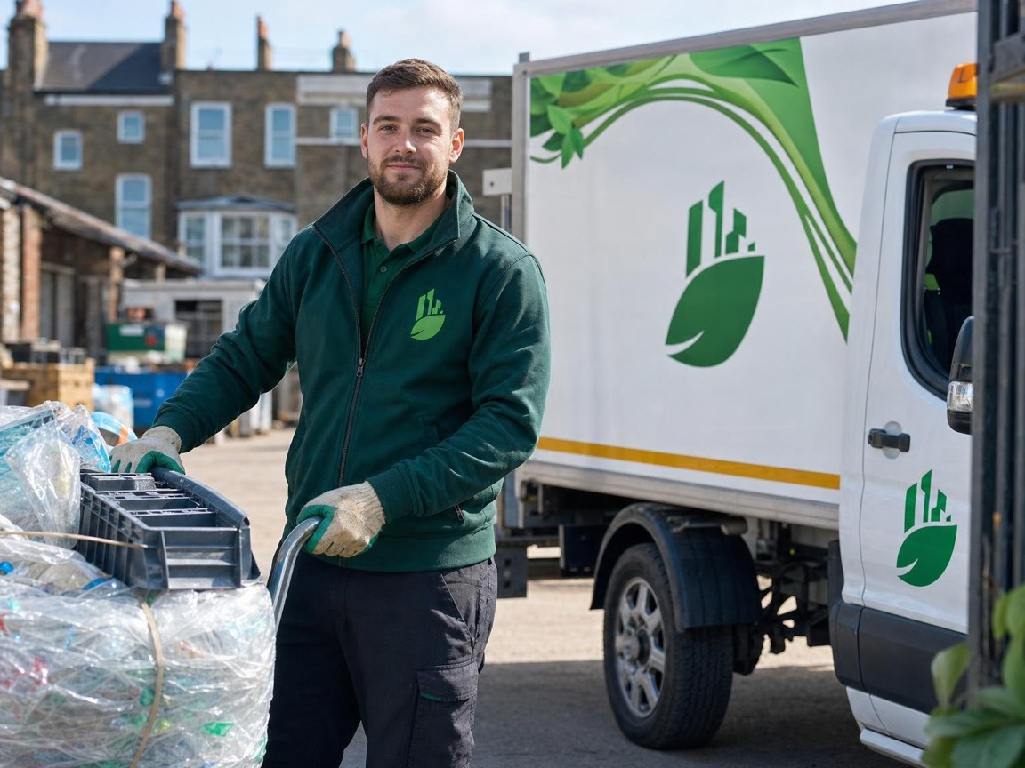 Crew member loading baled plastic waste onto a tipper van in a London street