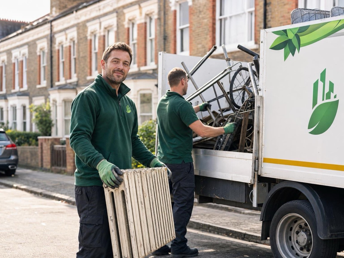 Crew member loading scrap metal onto a tipper van in a London yard