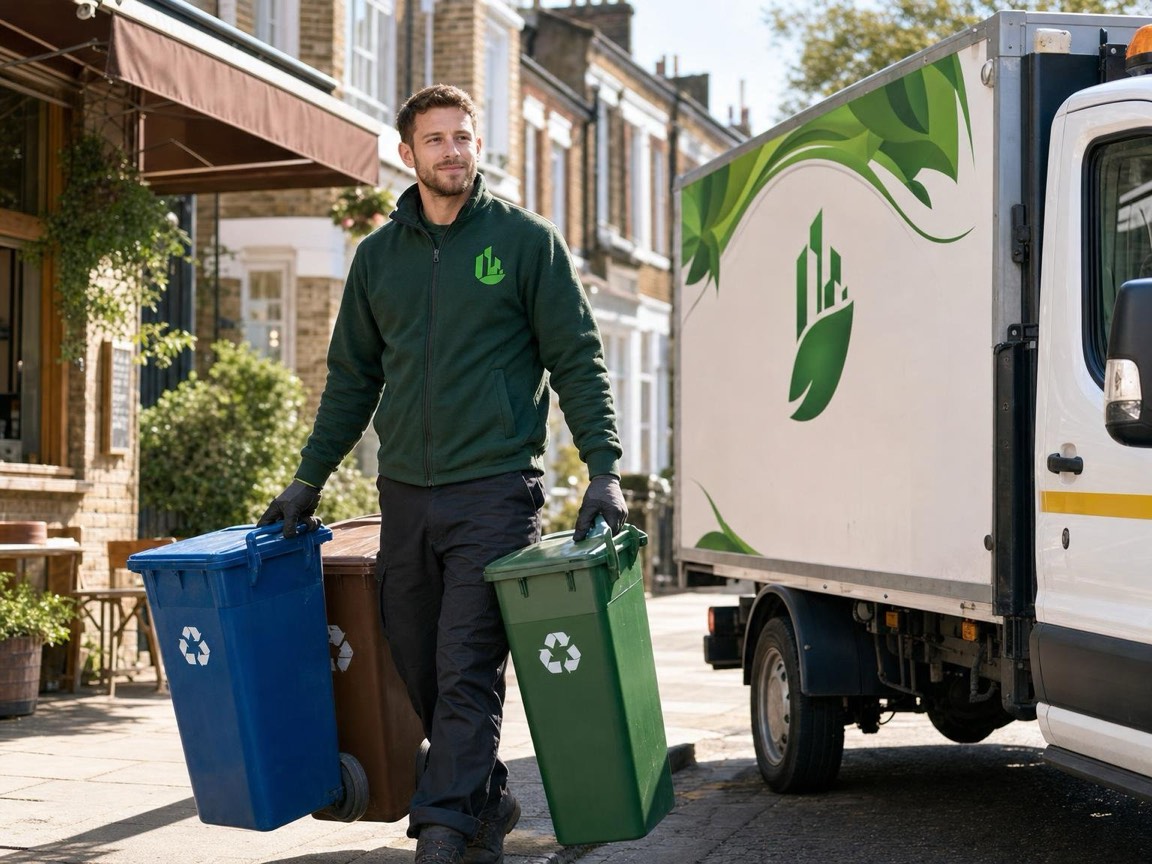 Waste operative in hi-vis loading separated recycling and food waste bins in a London bin store