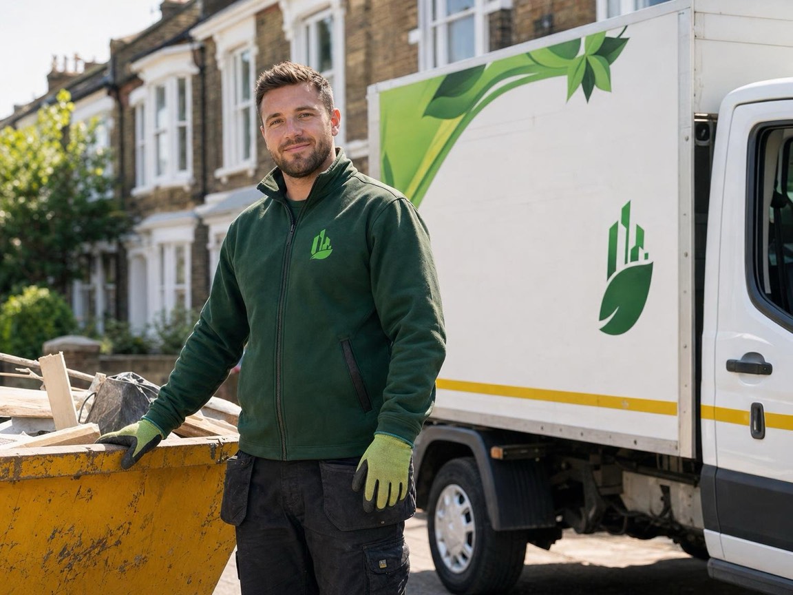 Crew loading a skip on a London residential street