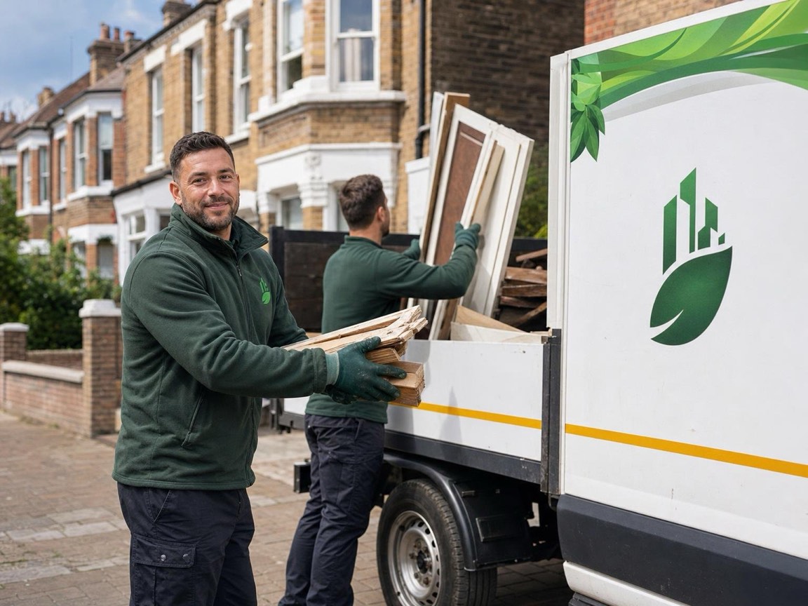 Timber offcuts and pallets being loaded into a tipper in London