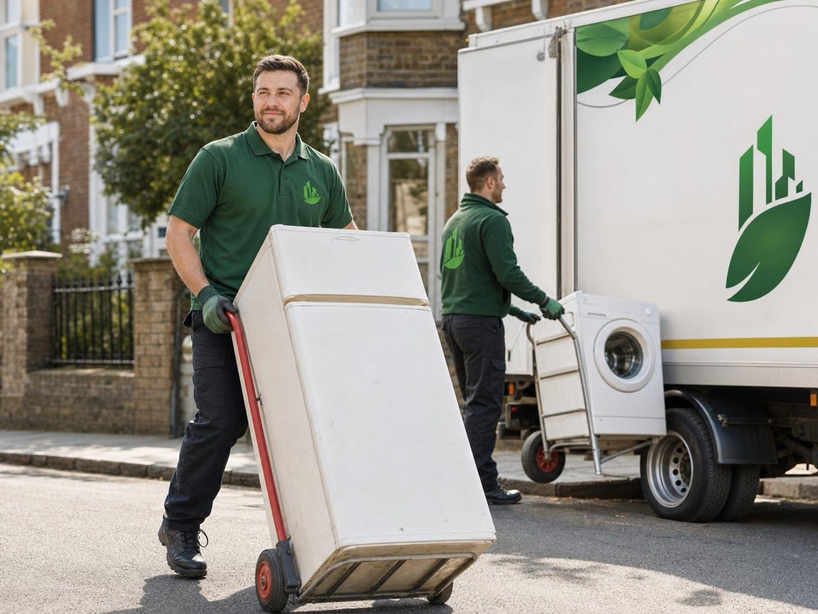Workers carrying a washing machine out of a London flat to a van
