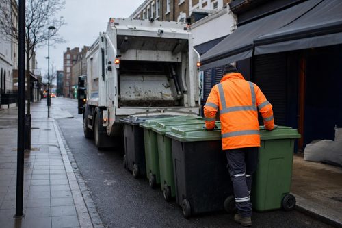 Wheelie bins outside a London shop being collected