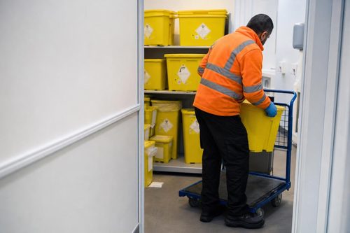 Clinical waste containers in the back room of a London dental practice