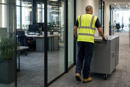 Locked shredding console being wheeled through a London office corridor