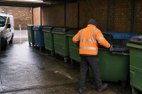 Waste operative in hi-vis moving commercial wheelie bins in a London bin store