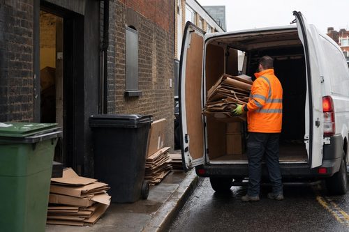 Flattened cardboard being loaded from behind a London shop into a collection van