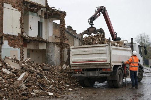 Grab lorry loading demolition rubble from a part-demolished London building