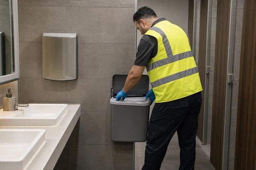 Sanitary bins being serviced in a London office washroom